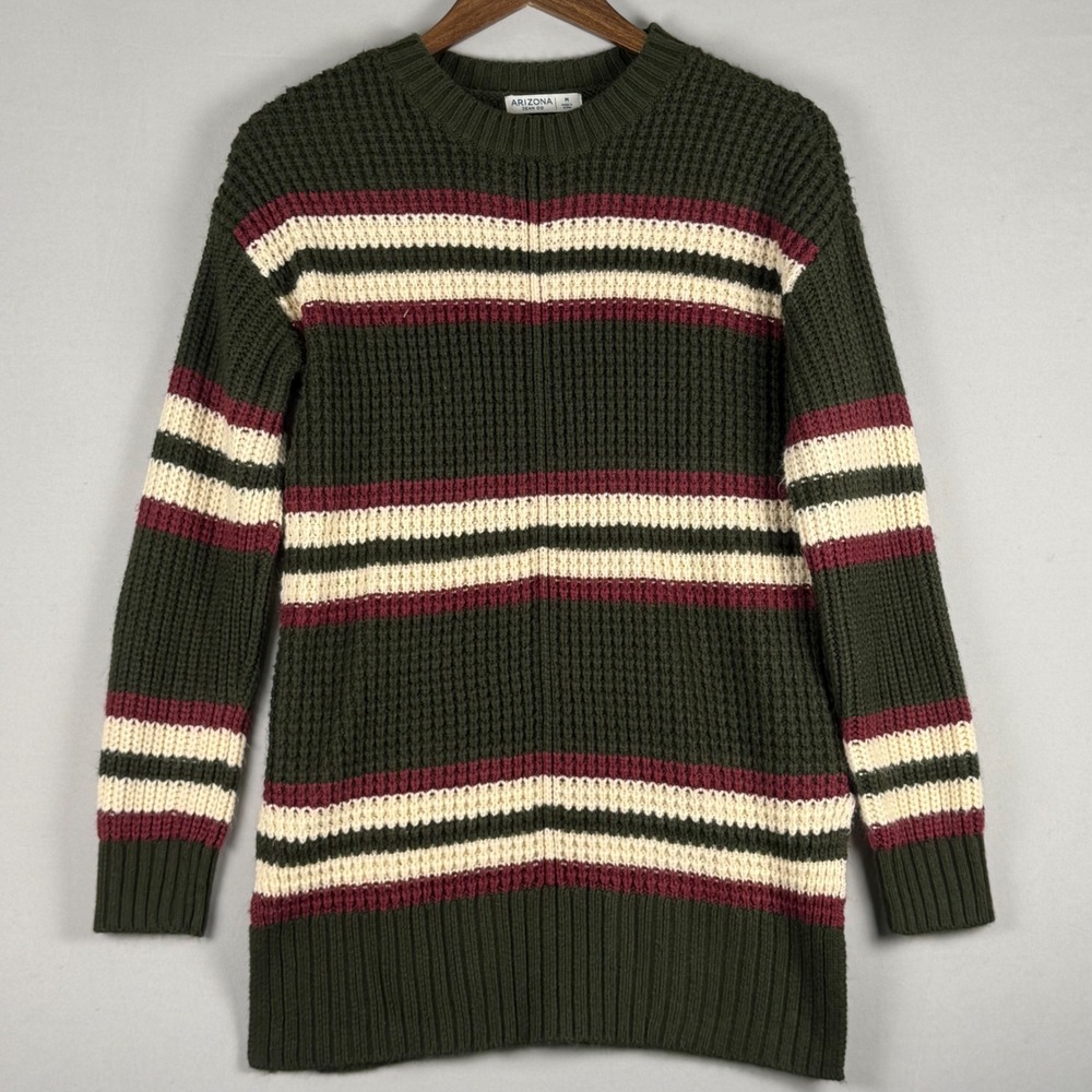 Arizona Jean Co Sweater Medium Green Maroon Striped NWOT Waffle Knit Longline